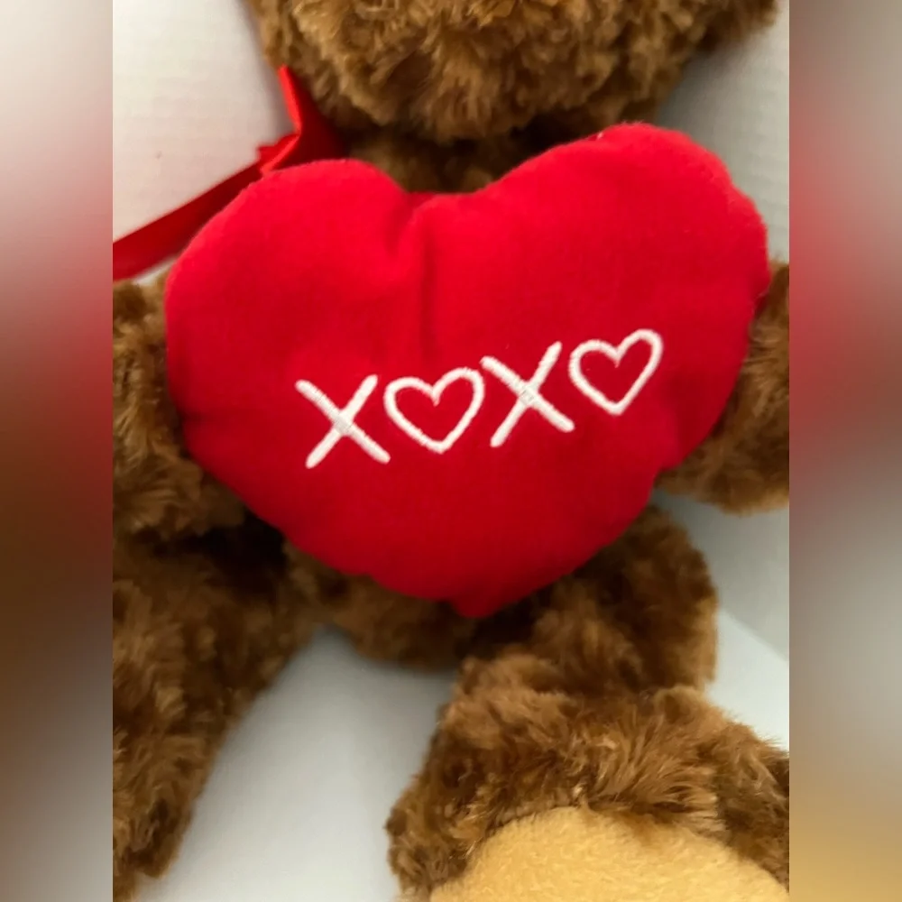 Unbranded Brown Shaggy Bear Plush Red Heart XOXO Print Red Bow